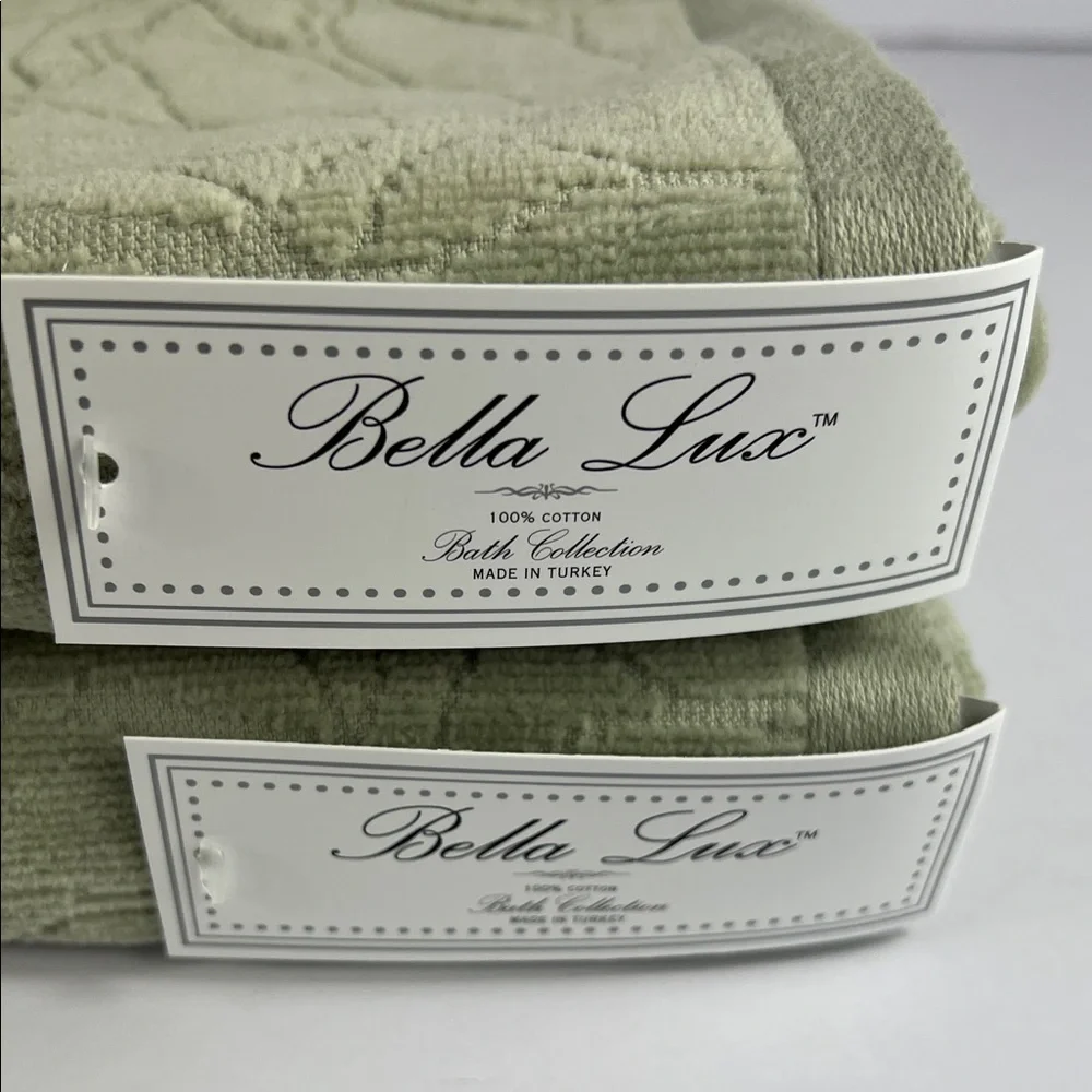 Bella Lux Fine Linen Bath Towels Light Green Leaf Pattern Luxury Cotton 2Pc NEW